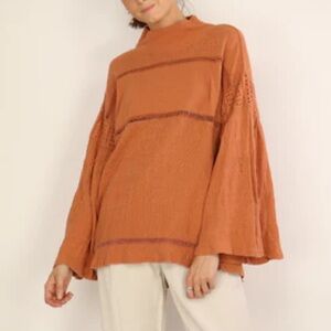 EUC Free People Sunday Funday Relaxed Rust Bell-Sleeve Tunic Top Size Medium